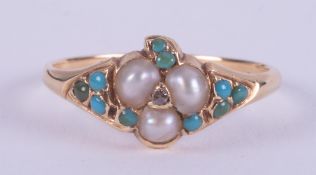 An antique yellow gold ring (no hallmarks & not tested) set with turquoise, pearls & a tiny old