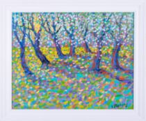 Paul Stephens, oil on board 'Orchard', 40cm x 50cm, framed. Description to the reverse 'Exhibited