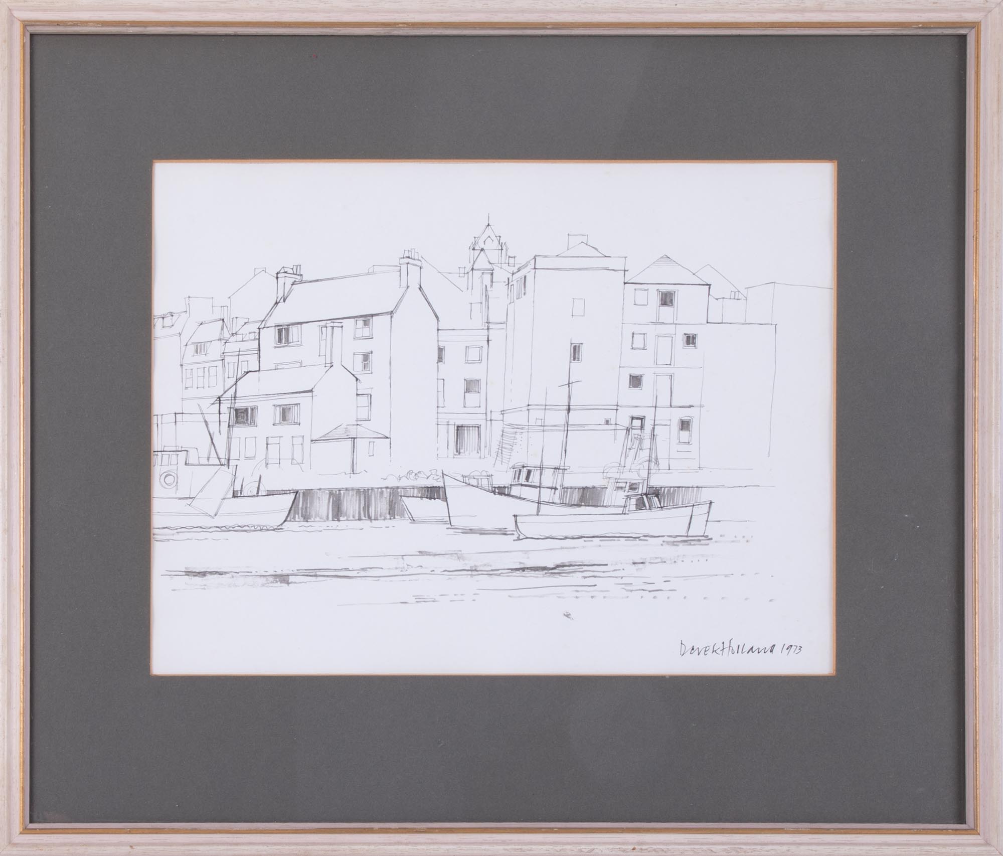 Derek Holland, 'Fishing boats tied up at the Barbican' pen drawing, signed and dated 1973, 24cm x