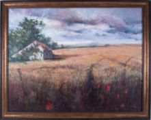 Christopher Deakin, 'Cornfield and Farm Building' signed oil on canvas, 70cm x 90cm, framed.