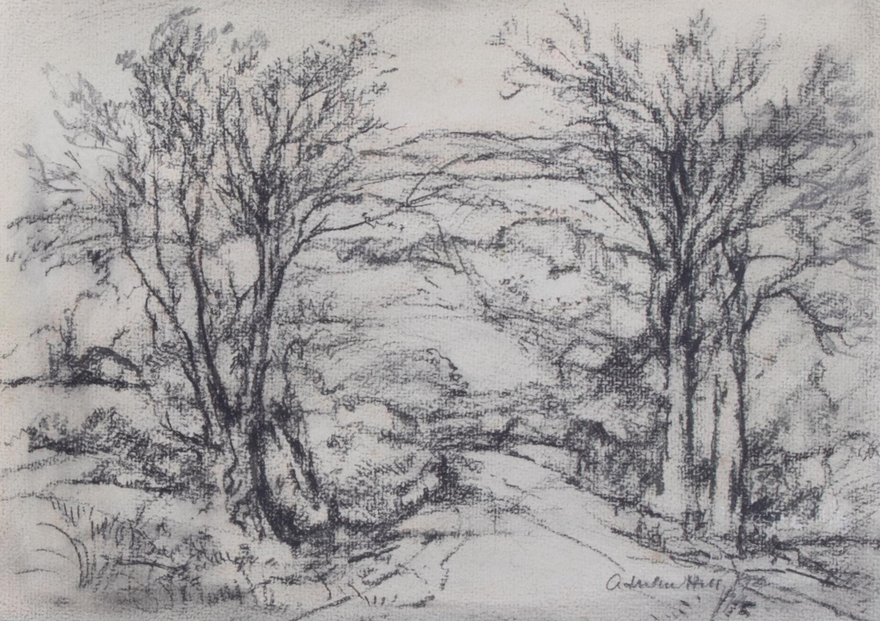 Adrian Hill (1895-1977) 'Country Road' charcoal, watercolour, 21cm x 20cm, framed and glazed. - Image 2 of 2