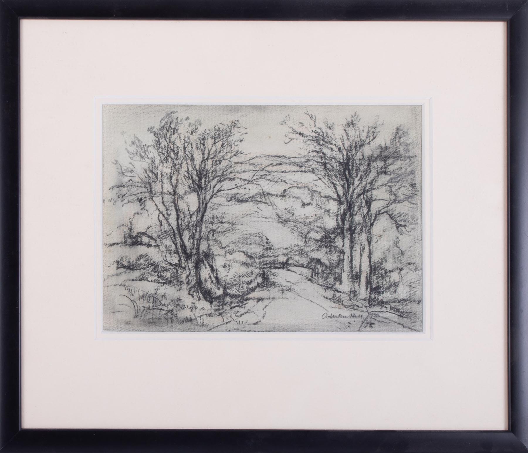 Adrian Hill (1895-1977) 'Country Road' charcoal, watercolour, 21cm x 20cm, framed and glazed.