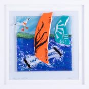 Lou from Lou C fused glass, original glass work, titled 'Plymouth Sail GP', signed, 21cm x 21cm,