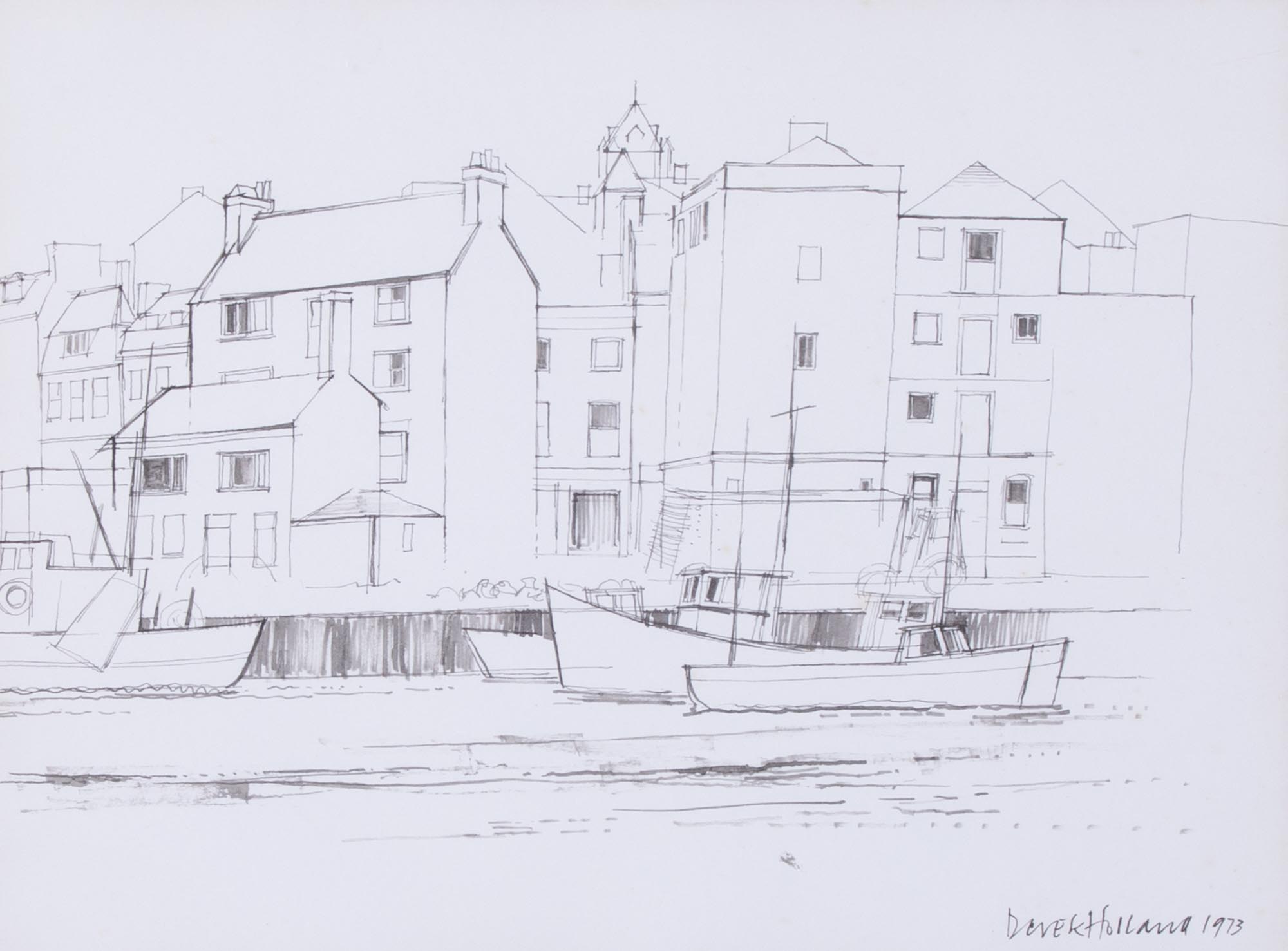 Derek Holland, 'Fishing boats tied up at the Barbican' pen drawing, signed and dated 1973, 24cm x - Image 2 of 2