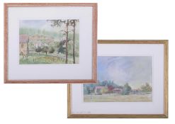 Terry McKivragan (1929 - 2012) two art works 'View from Above' and 'The Green at Holmbury, St Mary',