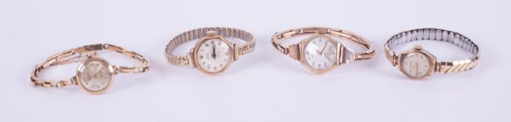 Four watches to include a 9ct yellow gold Rotary ladies wristwatch face stamped 375 on a Excalibur