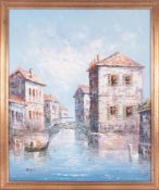 Omer, an oil on board 'Canal Scene', signed, 62cm x 50cm, framed.