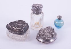 A glass and silver heart shaped box, silver mounted small scent bottle, white metal Indian design