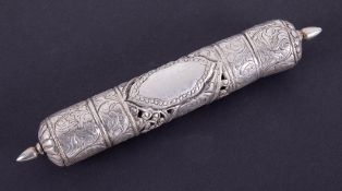 An Eastern white metal (possibly silver) scroll holder with engraved pierced decoration, length