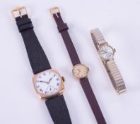 Three watches including a square faced gold? watch on black leather strap, 30.32gm and two Tissot