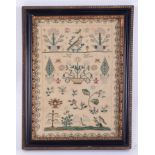 An 18th/19th century sampler decorated in stylised flowers, birds and motifs, not signed, 32cm x