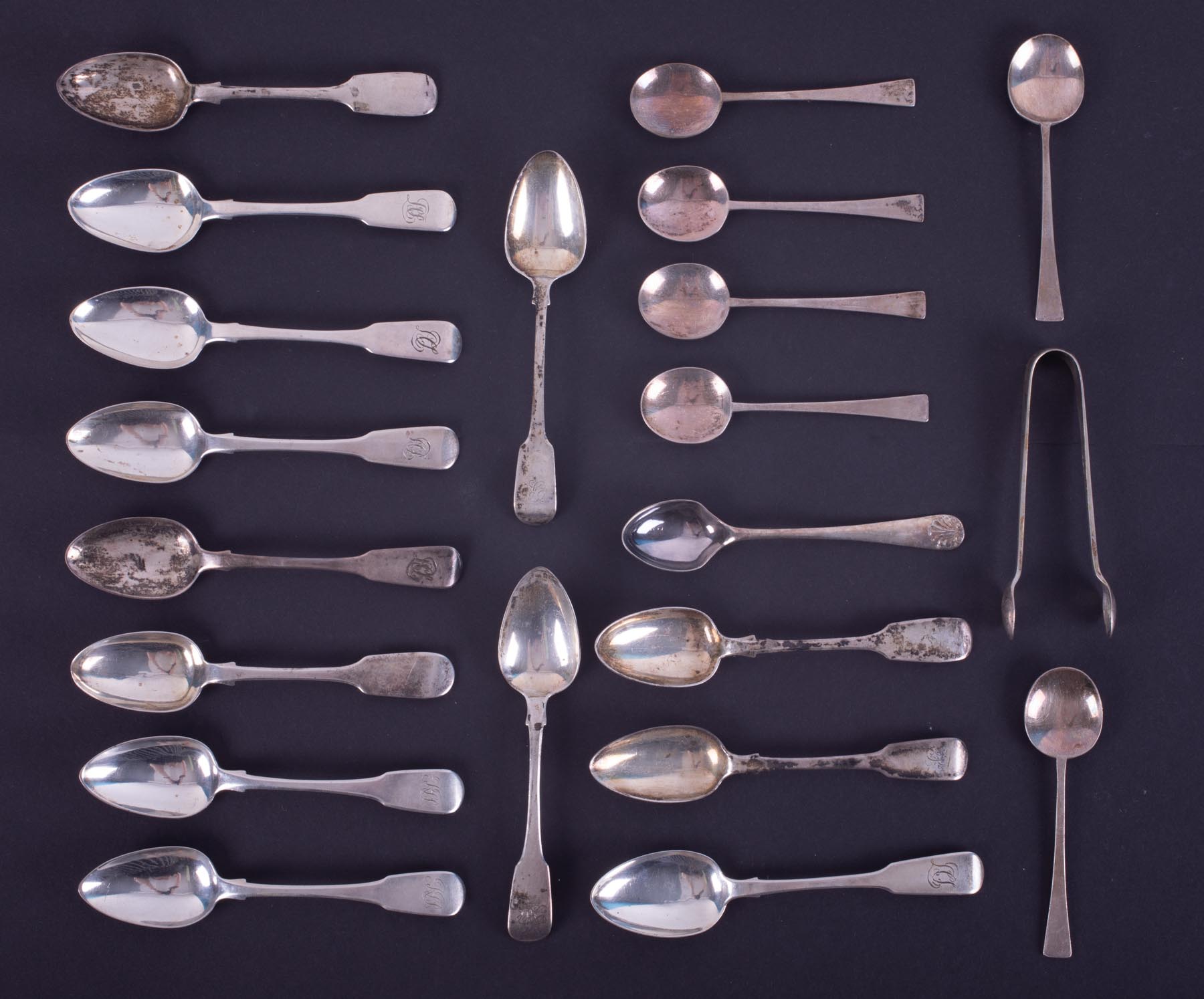 A set of six later Georgian silver teaspoons, Exeter circa 1833, a cased set of six plus sugar tongs