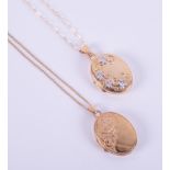 Two 9ct yellow gold lockets with engraved patterns, one with 9ct white gold flower design