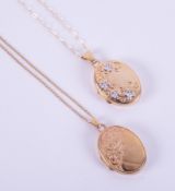 Two 9ct yellow gold lockets with engraved patterns, one with 9ct white gold flower design