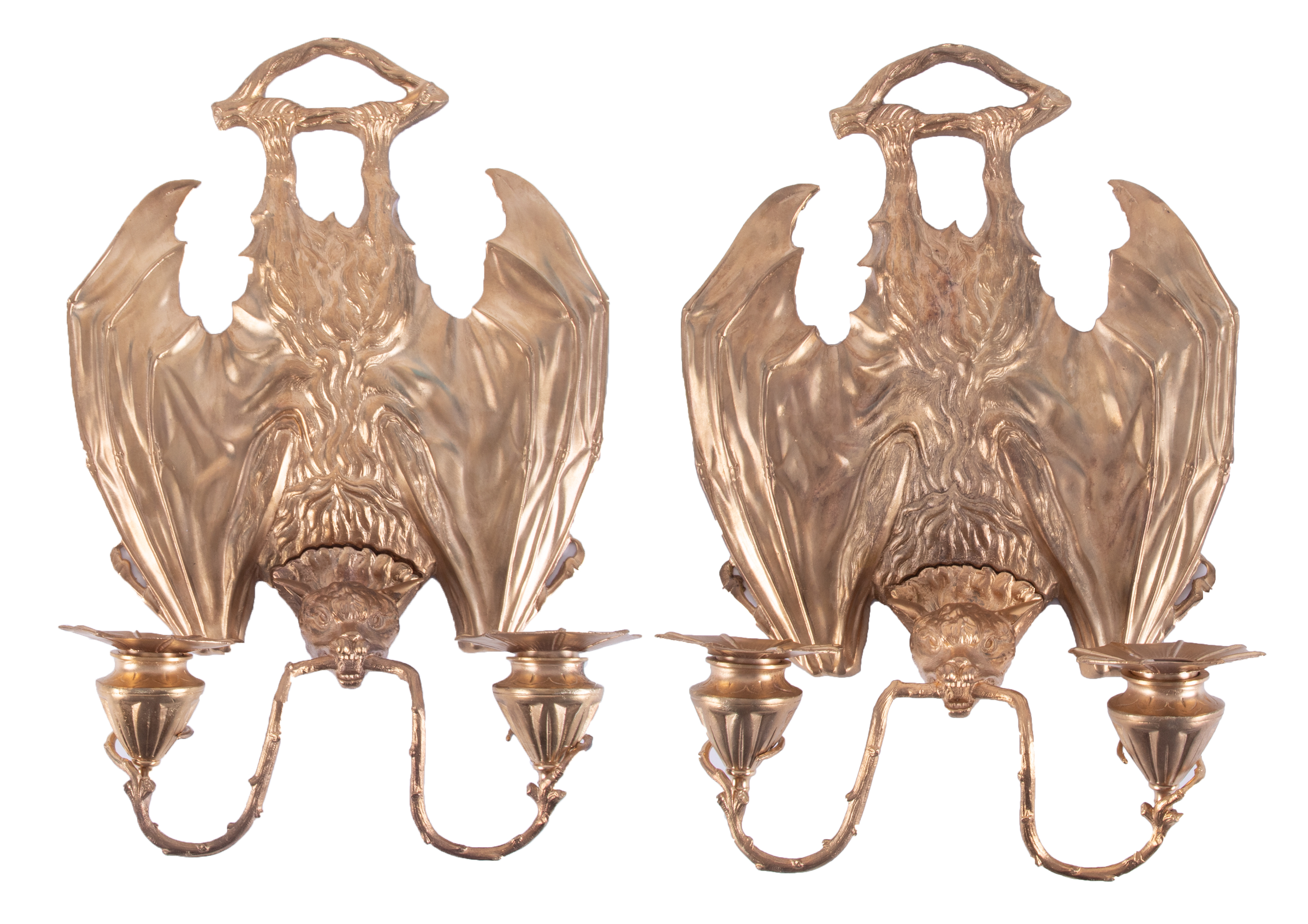 A pair of 20th century Victorian style wall scones in the shape of bats, after an original design by