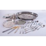 An oval galleried silver plated tray, an entrée dish with cover, a pickle jar, round plated