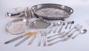 An oval galleried silver plated tray, an entrée dish with cover, a pickle jar, round plated