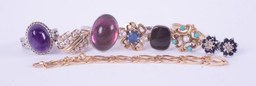 A mixed bag to include two 9ct yellow gold rings set paste stones, a 9ct yellow gold