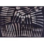 Various flatware including desert set knives & forks with silver handles, silver cake fork, mother