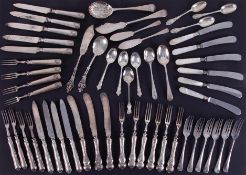 Various flatware including desert set knives & forks with silver handles, silver cake fork, mother