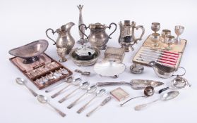 A collection of silver plated wares including tankards, flatware, caddy spoon, cased dessert knife