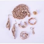 A bag of mixed 9ct Jewellery (some hallmarked) to include a curb link chain & odd earrings, 12.14gm.