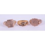 Three rings to include a 9ct rose gold signet ring, 5.23gm, size Q 1/2 to R, a 9ct yellow gold