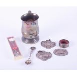 A collection silver items including a christening mug approx 201.1g, three decanter labels, wine