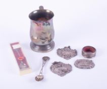 A collection silver items including a christening mug approx 201.1g, three decanter labels, wine