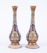 A pair of cloisonné and enamel small bottle vases (damaged base), height 15.5cm.