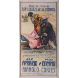 A Spanish poster San Lorenzo Bullfighting, framed, overall size 110cm x 55cm.