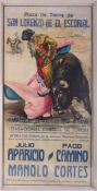 A Spanish poster San Lorenzo Bullfighting, framed, overall size 110cm x 55cm.