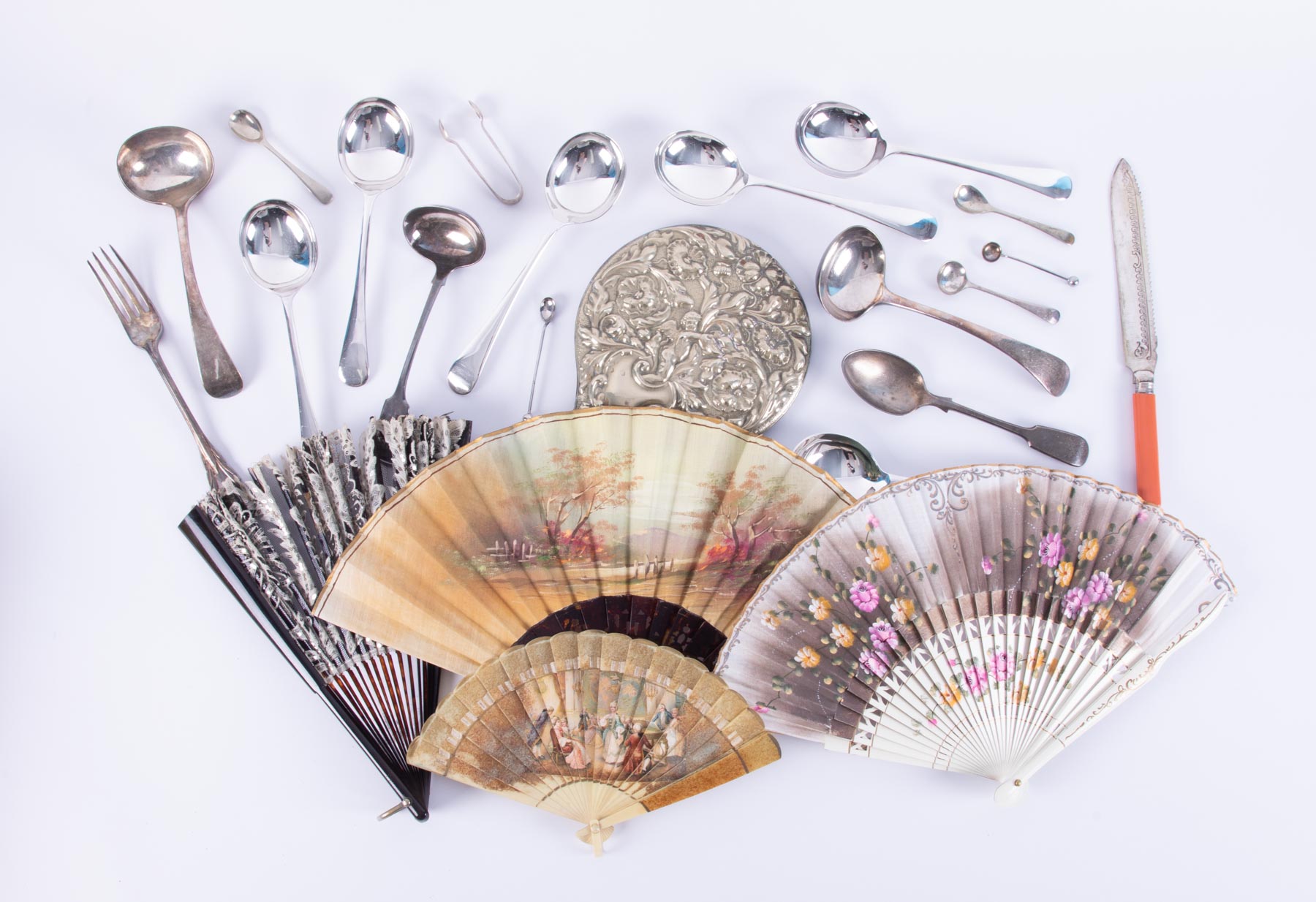 A collection of silver plated wares together with four fans.