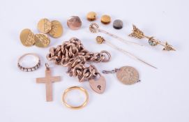 A selection of mixed gold jewellery to include a 22ct gold wedding band, 4.76gm, a selection of