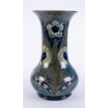 William Moorcroft, Florian blue and green flower tall cylinder vase circa 1902-1911.