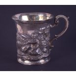 A Victorian silver cup decorated with a woodland scene, London hallmark, letter H 1843-44, makers