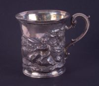 A Victorian silver cup decorated with a woodland scene, London hallmark, letter H 1843-44, makers