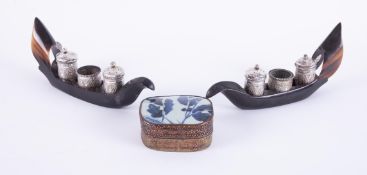Two three piece foreign silver and horn? condiment sets, various hallmarks together with a copper
