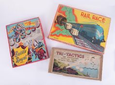 Three board games including Rail Race, Battle Royal and Tri-Tactics, all boxed.