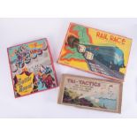 Three board games including Rail Race, Battle Royal and Tri-Tactics, all boxed.