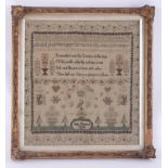 An 18th century needlework sampler decorated with the alphabet, verse and symbols, Jane Hanson,