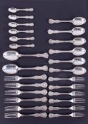 A Victorian Queens pattern six setting silver matched flatware comprising six forks, six desert