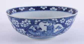 A Chinese blue & white porcelain bowl with four underglaze blue character marks, damaged and re-