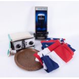 Various miscellaneous items including Guinness pub sign, Johnny Walker tray, American flag and