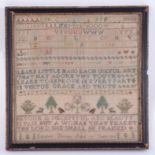 An 18th century needlework sampler decorated with the alphabet, verse and symbols, Elizabeth Thomas,