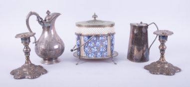 A Victorian silver plated biscuit barrel, a pair silver plated candle sticks etc (5).