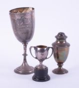 A silver sugar caster 16cm (3.76oz), a Victorian silver cup (Salcombe Regatta) 1881 together with