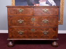 A William and Mary oyster veneered chest of drawers, height 78cm, width 99cm, fitted with two