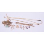 A mixed lot of 9ct yellow gold pendants & chains and other gold jewellery to include jade & amethyst