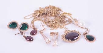 A mixed lot including 5 x 9ct yellow gold gem & pearl set pendants and chains & 3 x pairs of 9ct